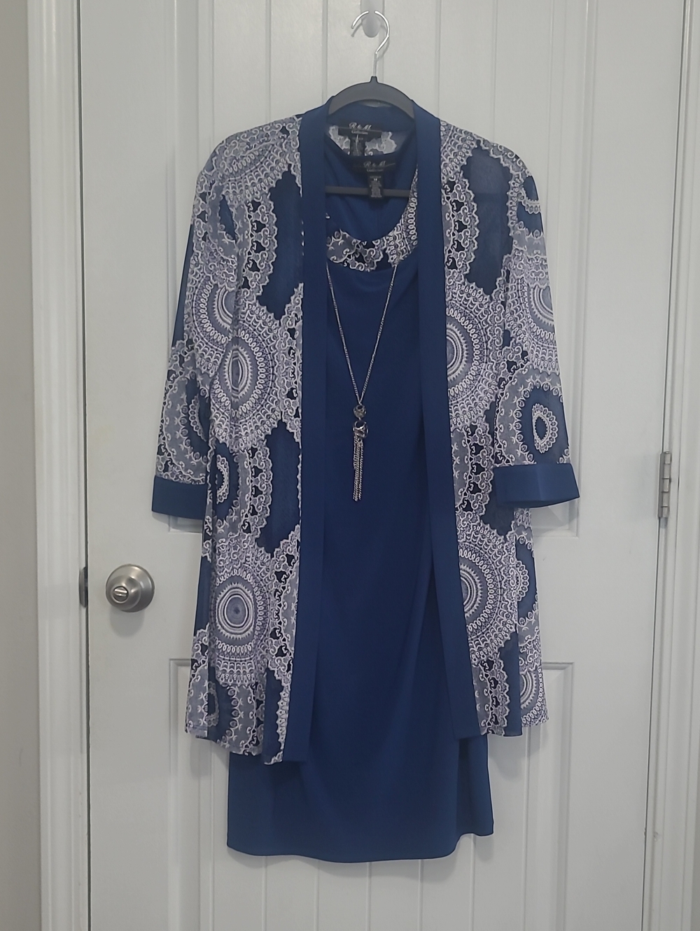 Blue Printed Midi Dress with Matching Jacket